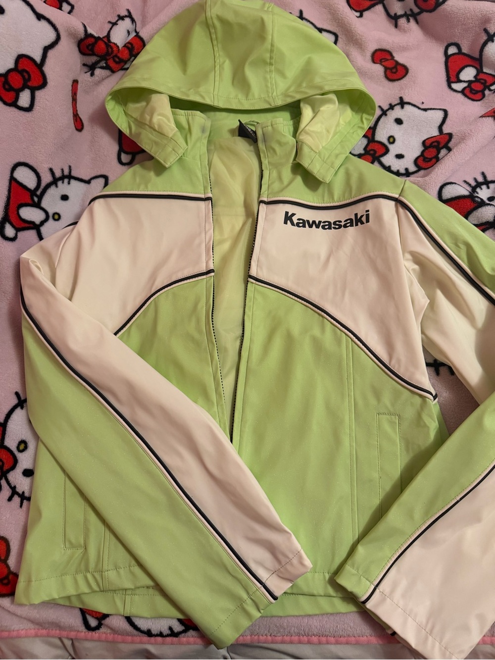 Womanโs Kawasaki Hooded Jacket in Lime Green and Cream